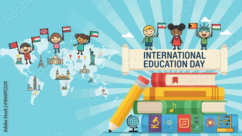Illustration celebrating International Education Day with diverse children holding flags and iconic landmarks on a world map, alongside a stack of books and a giant pencil.