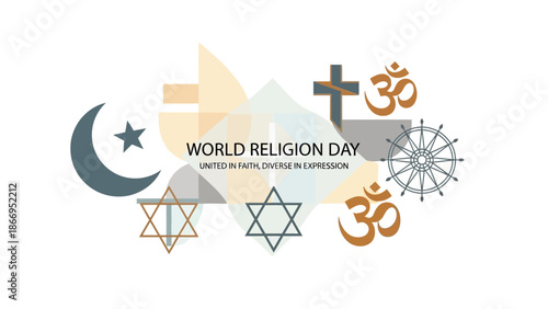 World Religion Day illustration symbolizing unity in diversity with various religious symbols.