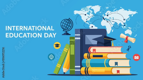 International Education Day celebrated with books, globes, and graduation caps symbolizing global learning and knowledge dissemination.