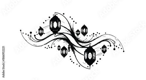 Elegant black and white ornamental flourish with lanterns and decorative swirls