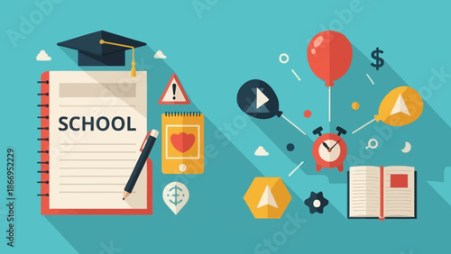 Illustration of educational concepts including a graduation cap, notebook, and learning icons.