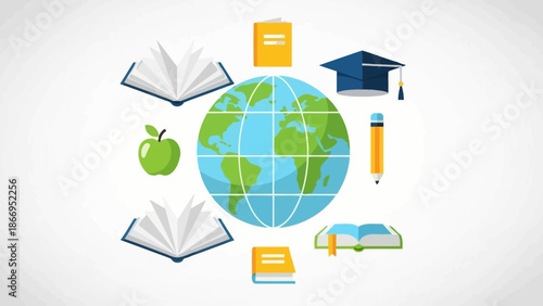 A vibrant illustration depicting global education with books, an apple, a graduation cap, and a pencil surrounding a stylized Earth.