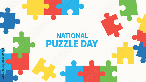 Colorful puzzle pieces forming a border around the text 'NATIONAL PUZZLE DAY' on a white background.