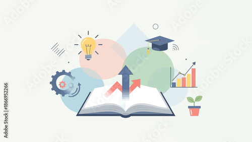 An open book with upward trending arrows symbolizing growth and learning, surrounded by icons of education, business, and innovation.