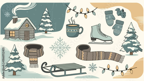 Cozy Winter Scene with a Log Cabin, Snow-Covered Trees, Sled, Ice Skates, and Festive Lights.