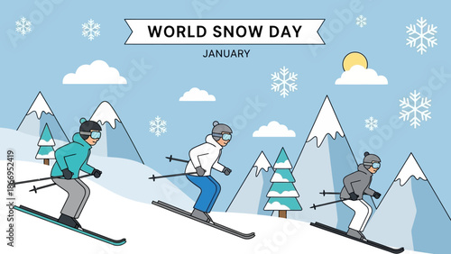 Illustration of people skiing down snowy mountains on World Snow Day in January.
