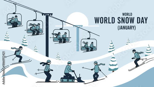 Illustration of people enjoying winter sports on a snowy mountain with ski lifts and trees, celebrating World Snow Day.