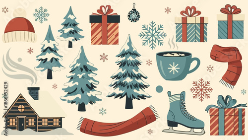 A charming collection of winter holiday elements including decorated gifts, snow-covered trees, a cozy cabin, and warm accessories like hats and scarves.