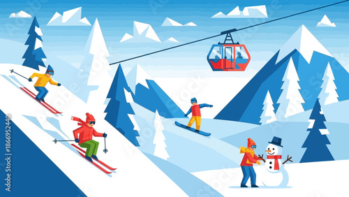 A vibrant illustration of a snowy mountain landscape with people enjoying winter activities like skiing, snowboarding, and building a snowman, with a cable car overhead.