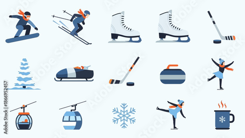 Collection of winter sports and activities icons, including snowboarding, skiing, ice skating, bobsledding, curling, and cable cars.