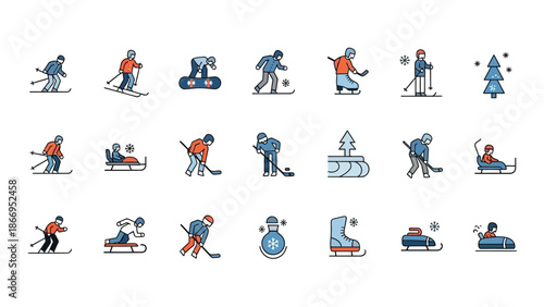 Collection of Winter Sports and Activities Icons Featuring Skiing, Snowboarding, Ice Skating, and Hockey.