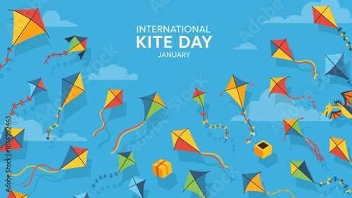 A vibrant illustration celebrating International Kite Day with numerous colorful kites soaring against a bright blue sky with fluffy white clouds.