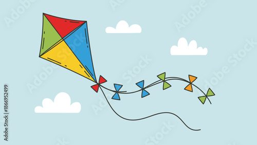 A colorful diamond-shaped kite with a long, decorative tail flies high in a clear blue sky with fluffy white clouds.