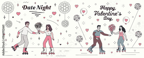 Couple roller skating on Valentine's Day with flowers
