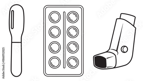 Comprehensive pharmaceutical medication set featuring an inhaler for asthma treatment a blister pack of tablets and a medicine bottle for healthcare retail industry branding.
