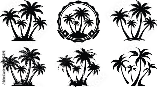 Six black palm tree silhouettes in different artistic styles including emblem, vintage, grunge and modern forms isolated on white background