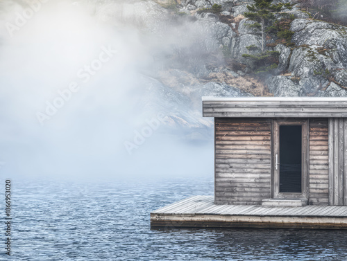 Wallpaper Mural Wooden structure on water surrounded by fog in a natural setting Torontodigital.ca
