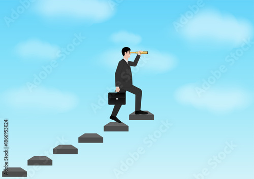 Businessman using Telescope looking for New Opportunity. Business Opportunity and Future Career Concept. Vector Illustration.
