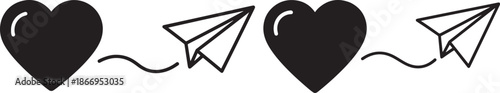 Set of Romantic Icons Featuring Heart Silhouettes and Paper Planes Flying, Long Distance Love and Messages Concept
