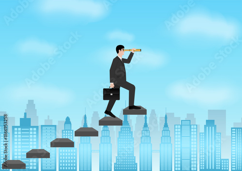 Businessman using Telescope looking for New Opportunity. Business Opportunity and Future Career Concept. Vector Illustration.