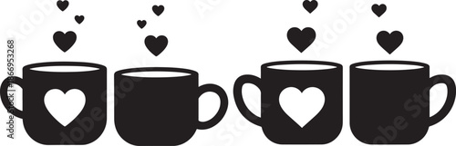 Set of Four Coffee Mug Silhouette Icons with Heart Steam, Morning Routine and Cafe Romance Concept