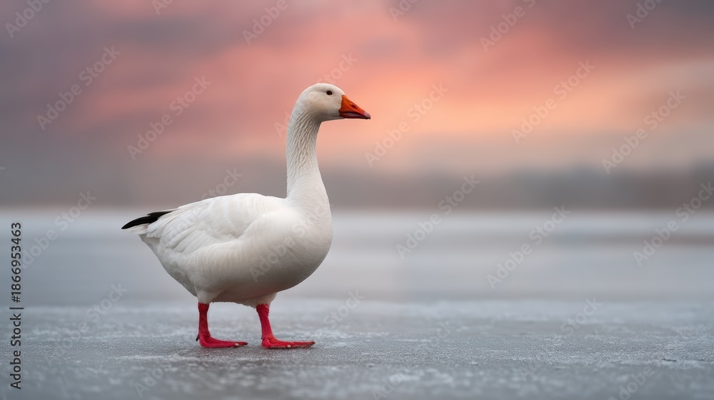 Obraz premium A serene white goose stands on a frozen lake, with a colorful sunset in the background, creating a tranquil and picturesque scene.