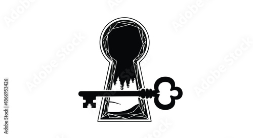 Intriguing keyhole silhouette revealing a mysterious, abstract landscape with a vintage key.