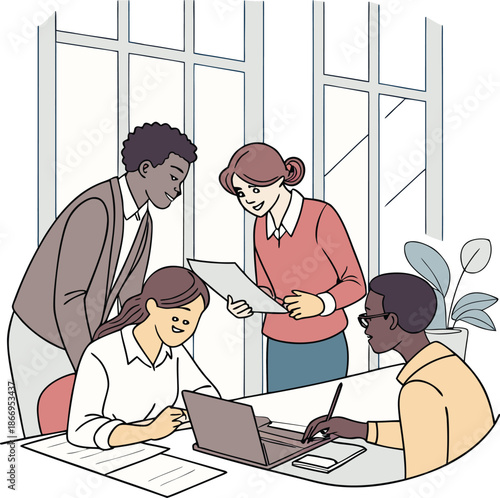 A diverse team of professionals collaborating and reviewing design work on a laptop in a modern office 