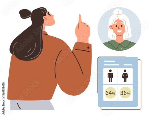 Gender equality, data analysis, workplace diversity, statistical presentation, human resources, leadership. Woman interacting with a screen displaying gender statistics. Gender equality and data