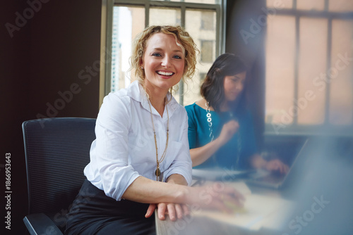 Photography Portrait, business and woman with paperwork in meeting for career pride, about us and receptionist
