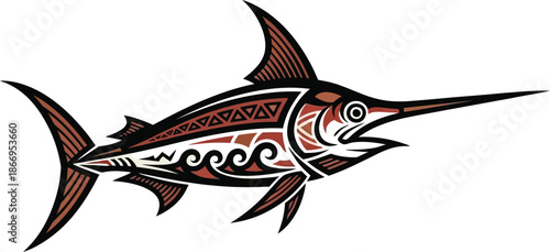 tattooed sailfish with tribal patterns