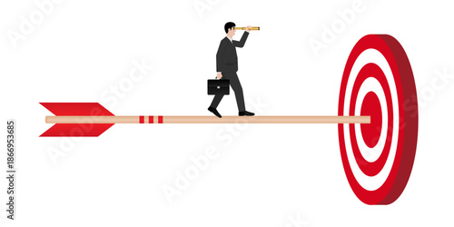 Businessman using Telescope looking for Target. Goal Achievement and Business Success Concept. Vector Illustration.
