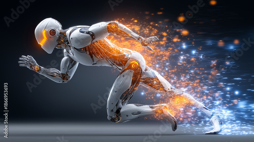 High-speed humanoid robot running with blazing energy trails symbolizing the rapid acceleration and explosive growth of artificial intelligence.  © Curioso.Photography