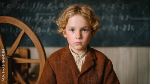 A young boy with curly hair sits in front of a chalkboard, dressed in vintage clothing, exuding a serious expression in a classroom setting.