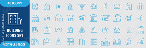 Building Line Icon Set. Residential and Public Buildings, Office, Government, School, Hotel, University, Hospital and Architecture Icons. Editable Outline Stroke. Vector Illustration