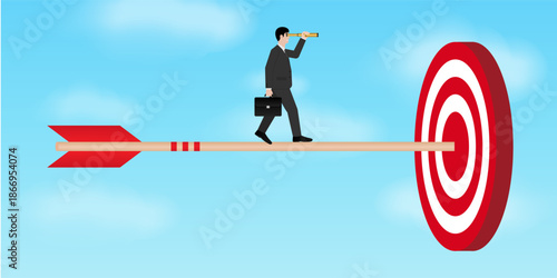 Businessman using Telescope looking for Target. Goal Achievement and Business Success Concept. Vector Illustration.