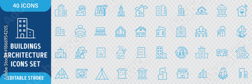 Building Line Icon Set. Residential and Public Buildings, Office, Government, School, Hotel, University, Hospital and Architecture Icons. Editable Outline Stroke. Vector Illustration
