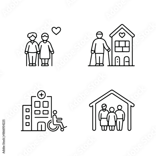 Elderly Care and Nursing Home Line Icon Set