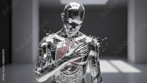 Man in futuristic armor with red heart.