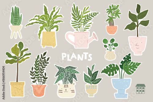 Stickers with house plants in pots. Cute illustrations, stickers for print and social media, cozy flowers in pots, home decoration. Hand drawn potted plants in a simple hand drawn style. Ready prints.