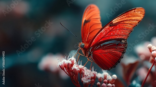 Vibrant Red Butterfly on Delicate Flower in Soft Natural Light