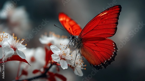 Vibrant Red Butterfly Perched on Blooming White Blossoms