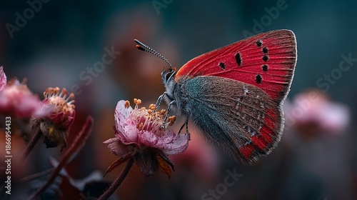 Vibrant Red Butterfly on Delicate Pink Flower in Nature Setting
