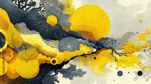 Abstract Yellow and Gray Composition with Organic Elements and Shapes