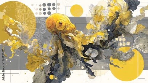 Colorful Abstract Octopus Design with Yellow and Gray Elements