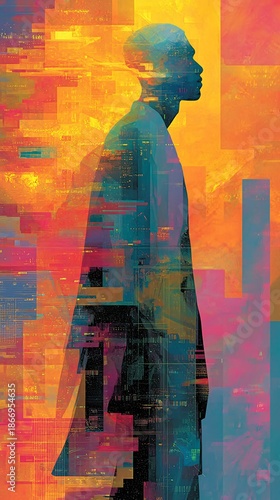 Abstract Silhouette Against Colorful Geometric Digital Background