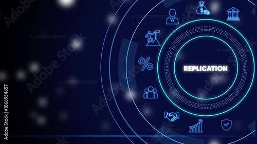 Replication Concept with Business and Finance on Dark Blue Background with Neon Accents