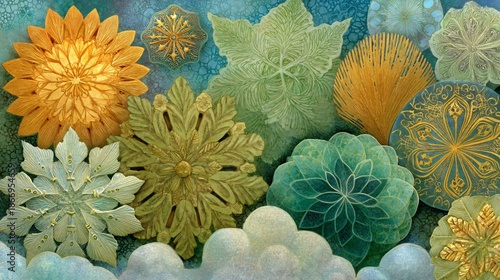 Intricate Floral Patterns with Golden Accents on Blue Background