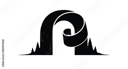 Abstract black ribbon arch with stylized mountain peaks