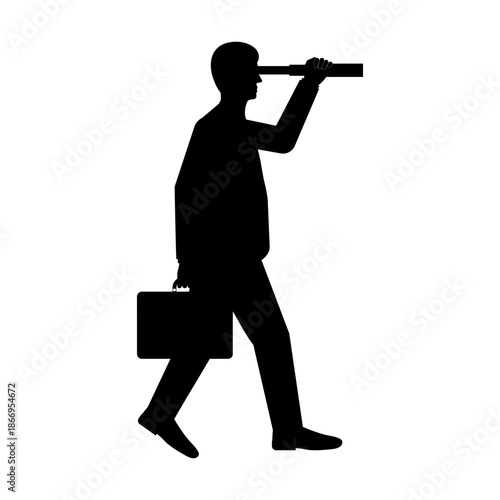 Businessman using Telescope looking for New Opportunity Silhouette. Business Opportunity and Future Career Concept. Vector Illustration.